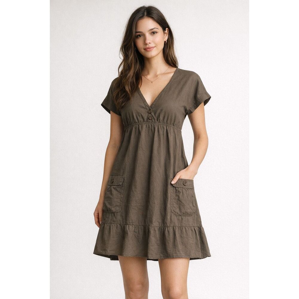 XDYE Olive Cotton Babydoll Dress NWT Button Front Pockets Size S